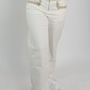 Białe jeansy damskie wide leg haft ażurowy pas