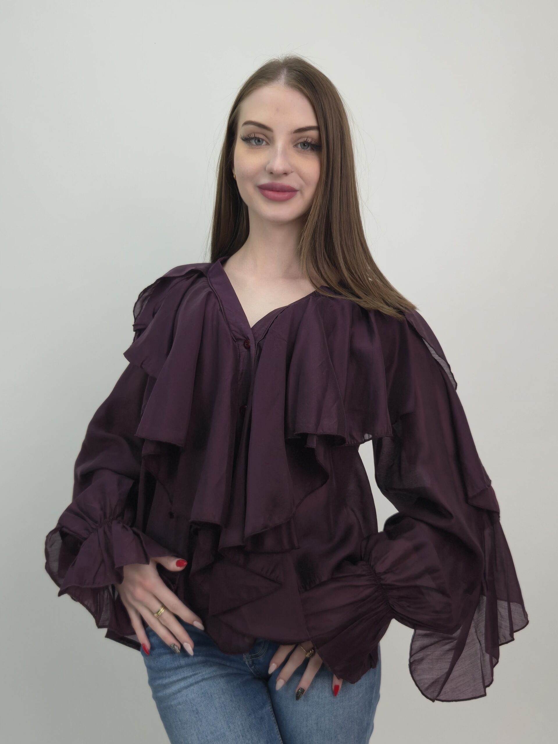 Bluzka z falbanami śliwkowa premium boho