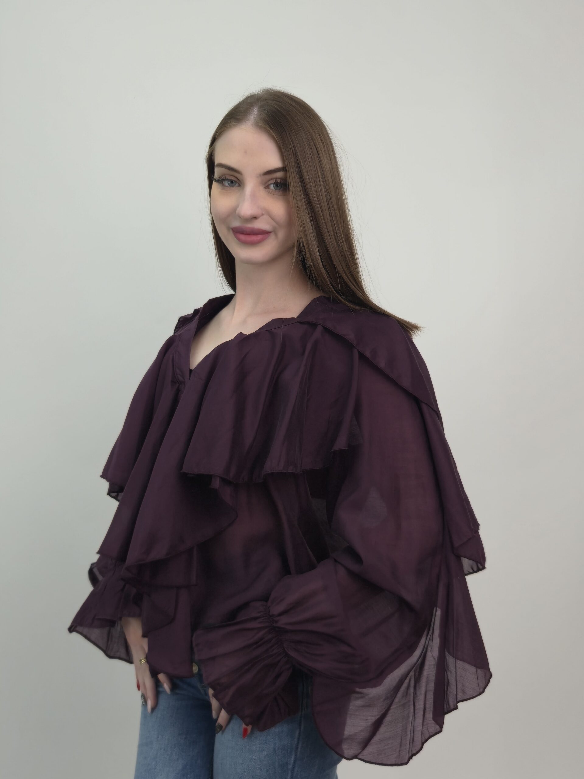 Bluzka z falbanami śliwkowa premium boho - obrazek 3