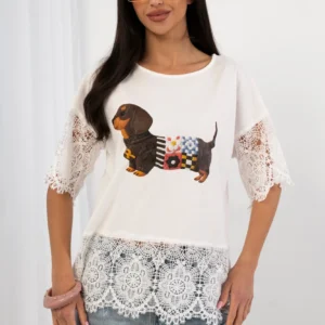 Designerska bluzka boho z koronką i jamnikiem