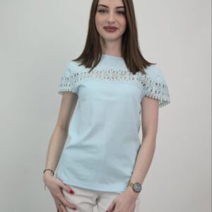 Miętowa bluzka damska z gipiurą i bawełny