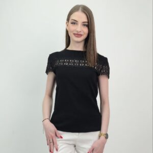 Czarna bluzka damska z gipiurą z bawełny