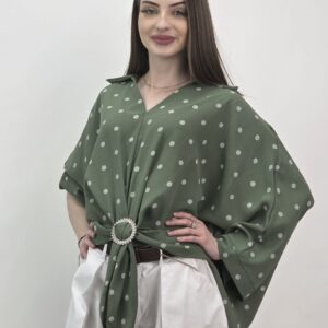Khaki Bluzka w Grochy z Broszką i Cyrkoniami