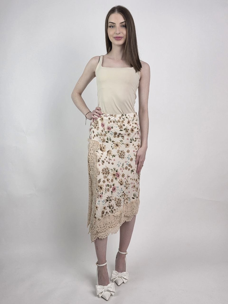 Spódnica Flower Lace Beige Premium z Koronką