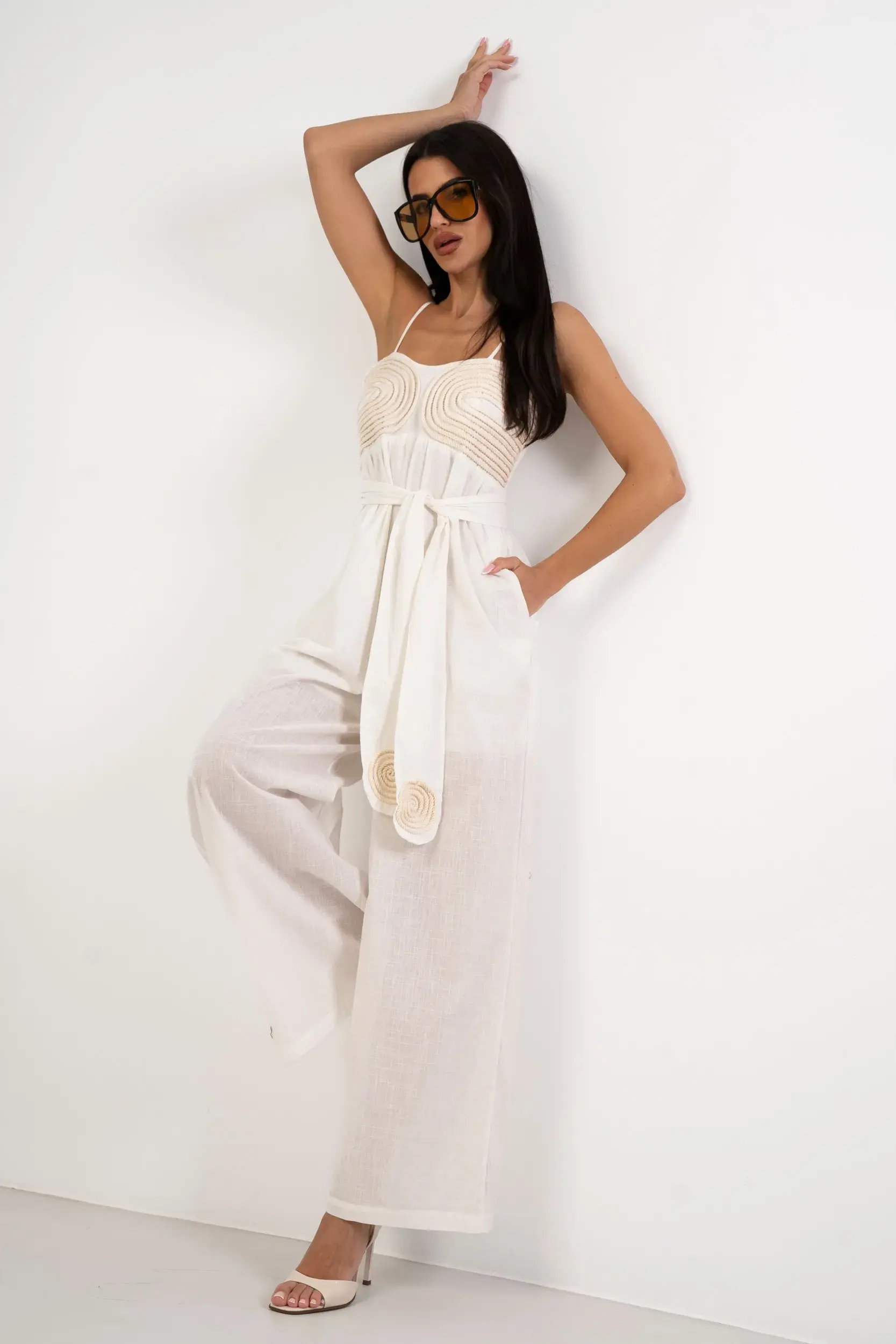 Biały kombinezon maxi, haft Boho White - obrazek 5