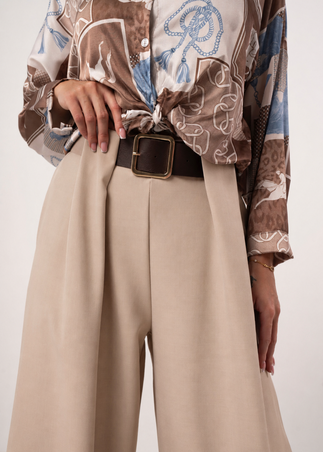 Eleganckie Spodnie Wide Leg Beżowe z Paskiem