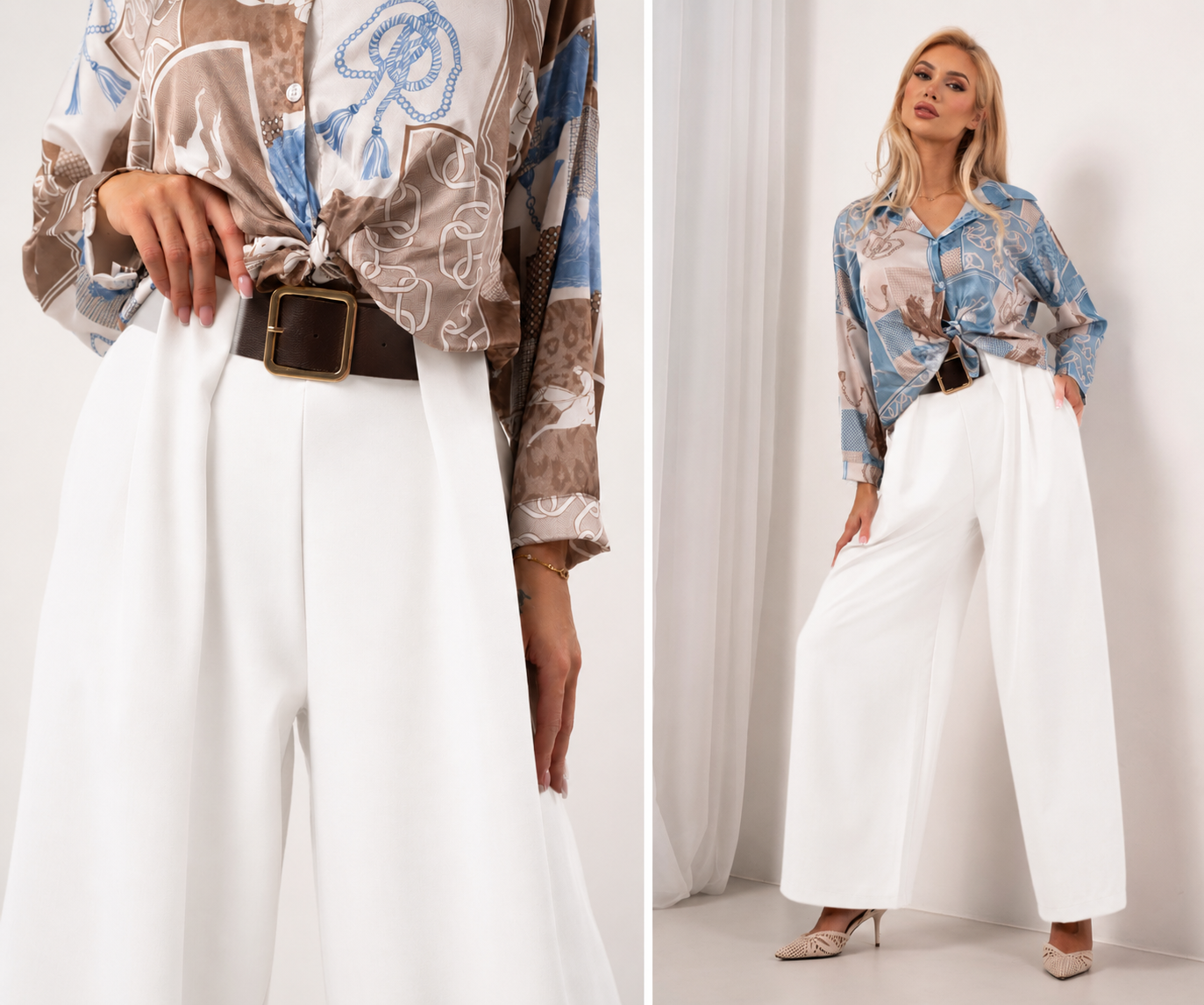 Eleganckie Spodnie Wide Leg Białe z Paskiem - obrazek 3