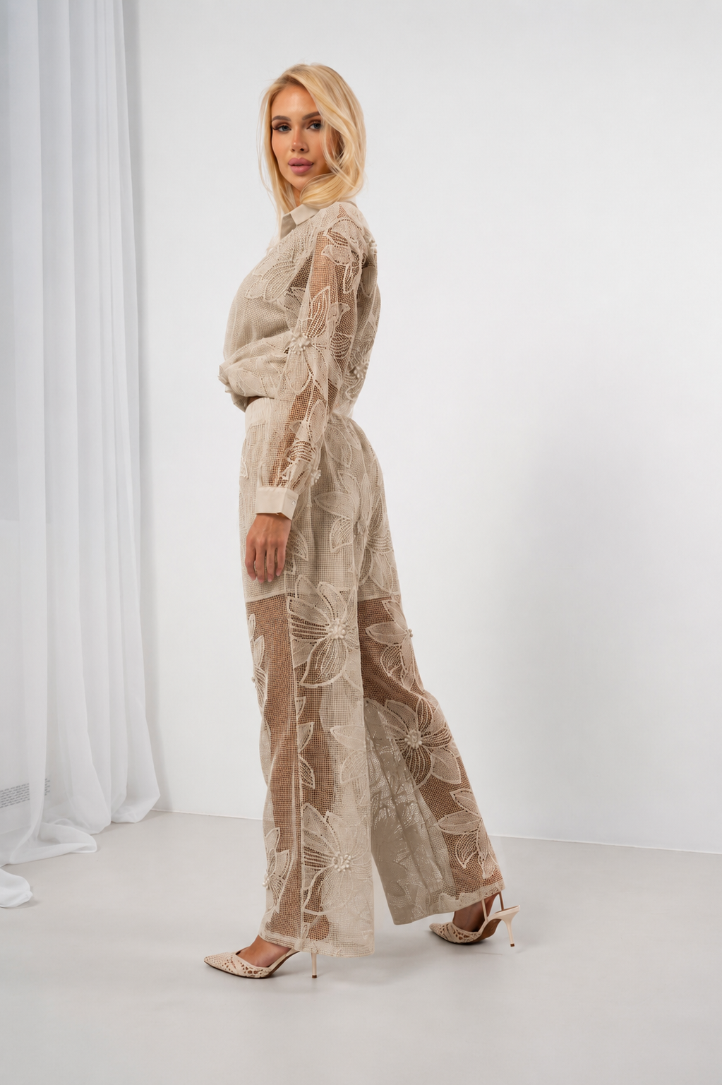 Beżowy komplet ażurowy Floral Mesh Beige - obrazek 2