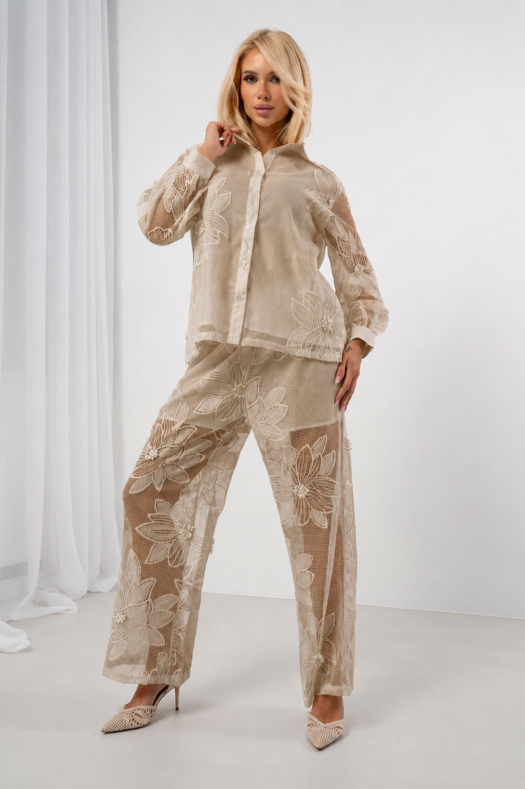 Beżowy komplet ażurowy Floral Mesh Beige