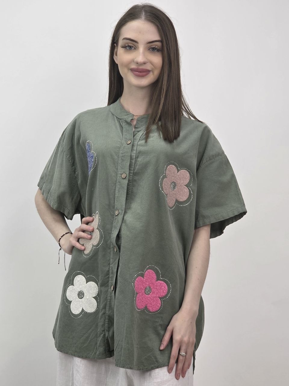 Włoska Koszula Sztruksowa Daisy Khaki