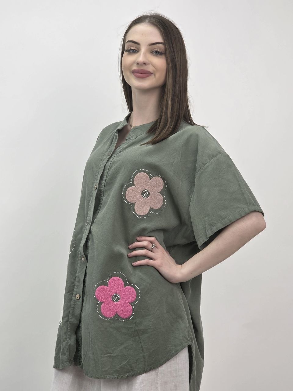 Włoska Koszula Sztruksowa Daisy Khaki - obrazek 2