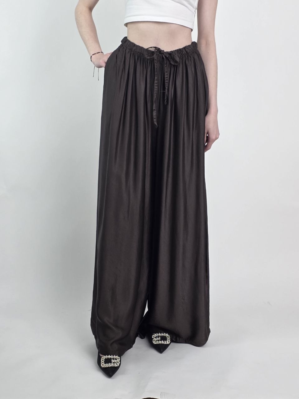 Satynowe Spodnie Palazzo Silk Czekolada - obrazek 3