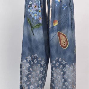 Spodnie Palazzo Art Flowers Jeansowy Print