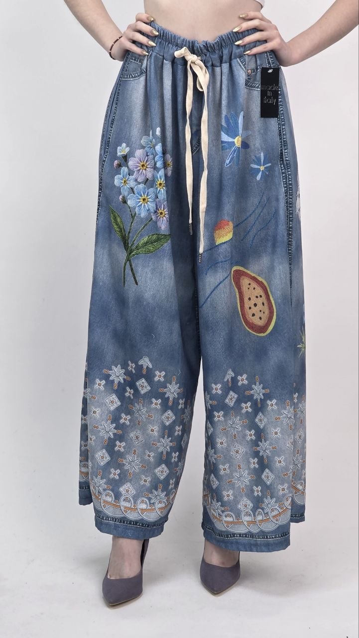 Spodnie Palazzo Art Flowers Jeansowy Print
