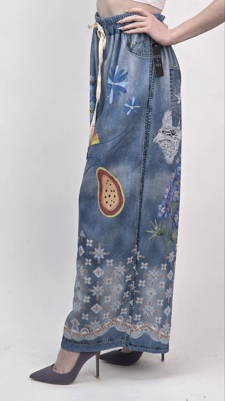 Spodnie Palazzo Art Flowers Jeansowy Print - obrazek 2