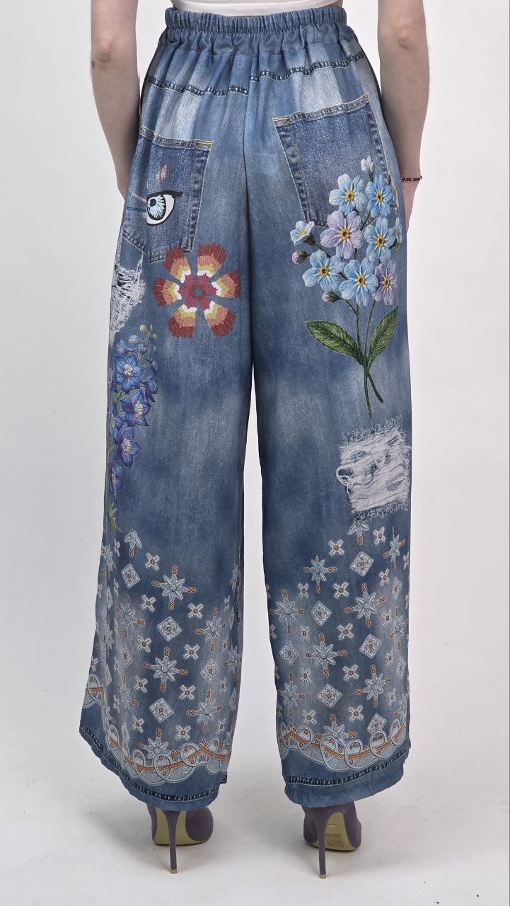 Spodnie Palazzo Art Flowers Jeansowy Print - obrazek 3