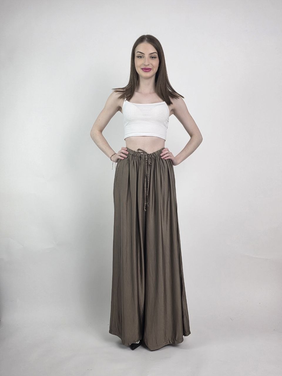 Satynowe Spodnie Palazzo Silk Fango - obrazek 5