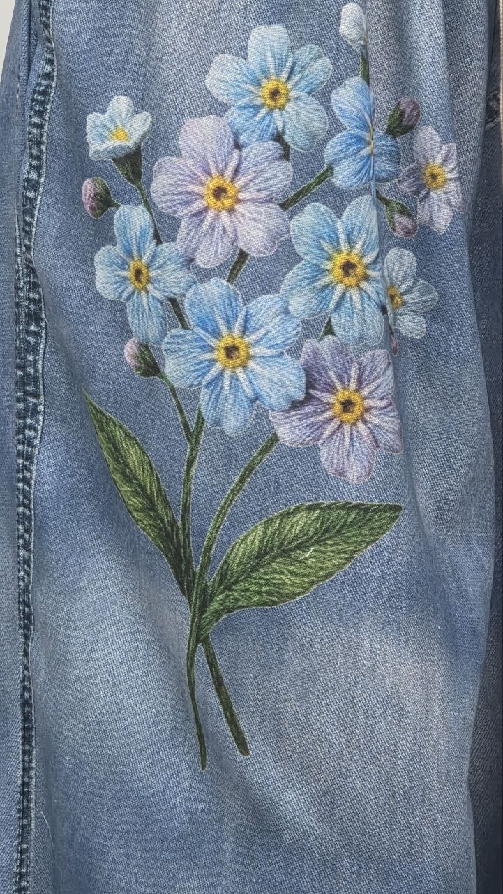 Spodnie Palazzo Art Flowers Jeansowy Print - obrazek 4