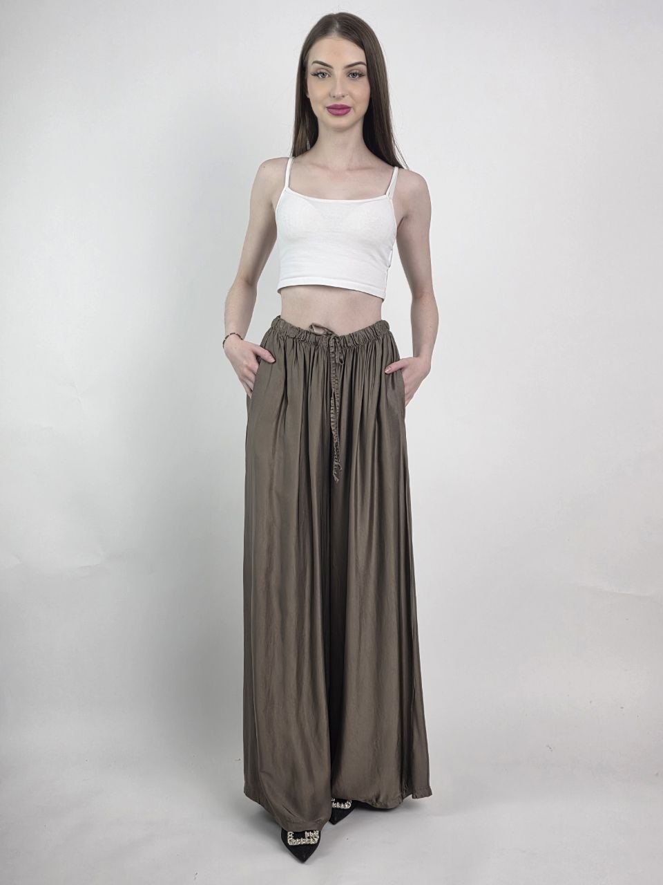 Satynowe Spodnie Palazzo Silk Fango - obrazek 4