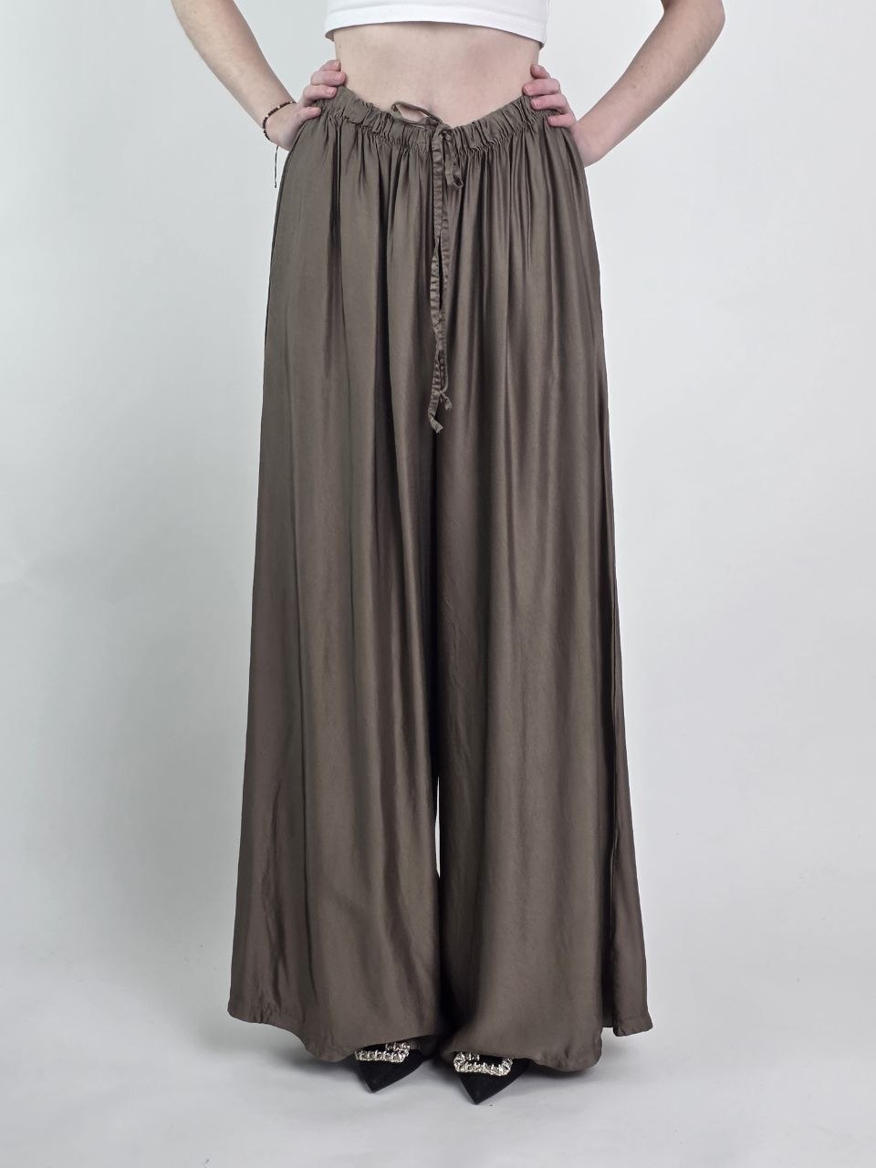 Satynowe Spodnie Palazzo Silk Fango