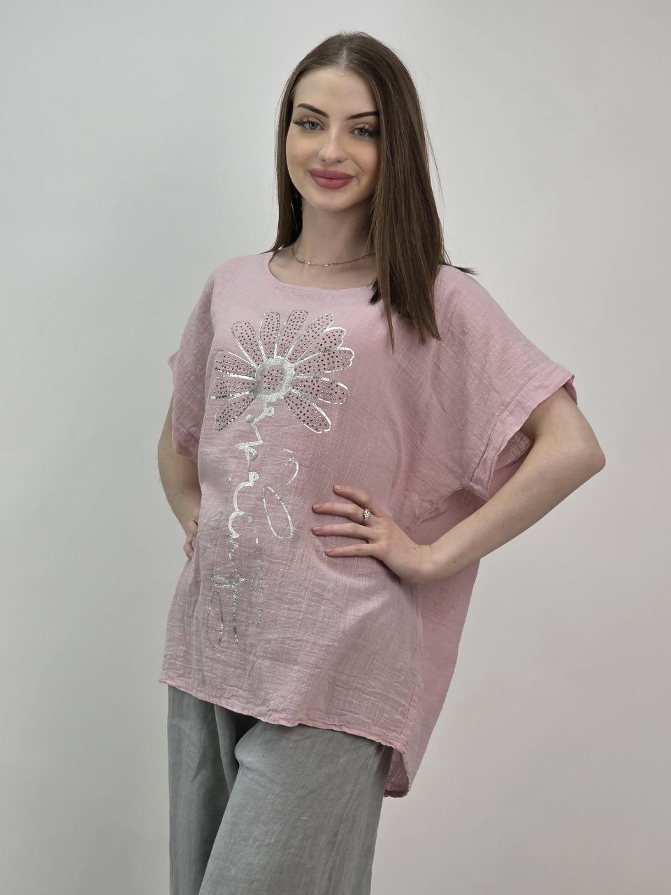 Włoska Bluzka Fiore Rosa z Cyrkoniami