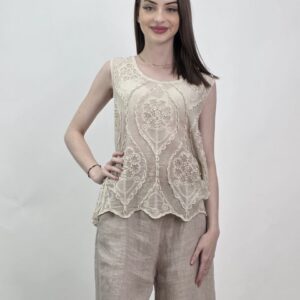 Beżowy top boho 3D haftowany premium