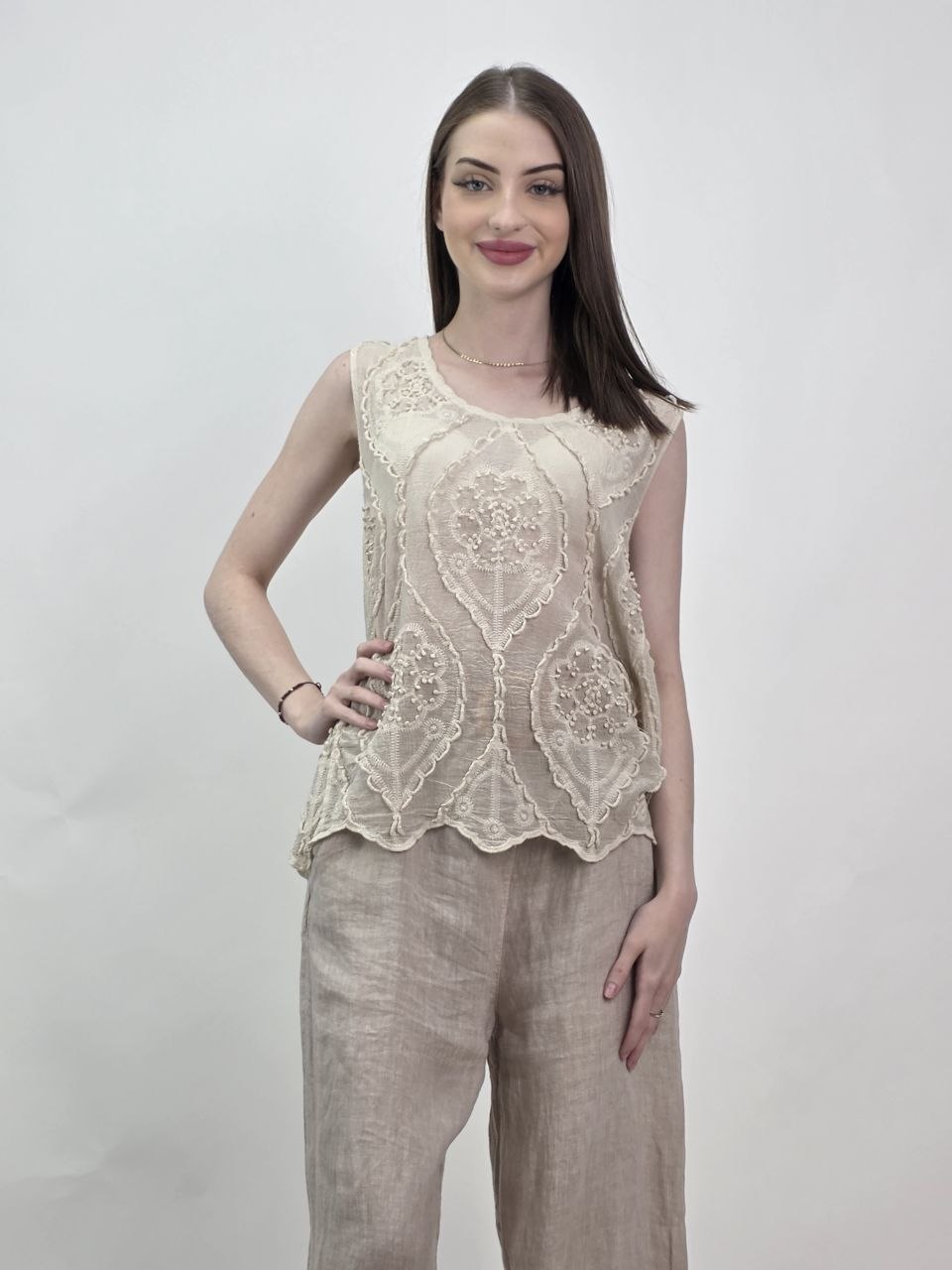 Beżowy top boho 3D haftowany premium