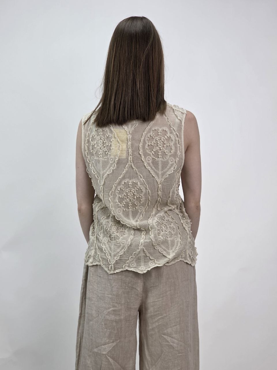 Beżowy top boho 3D haftowany premium - obrazek 3