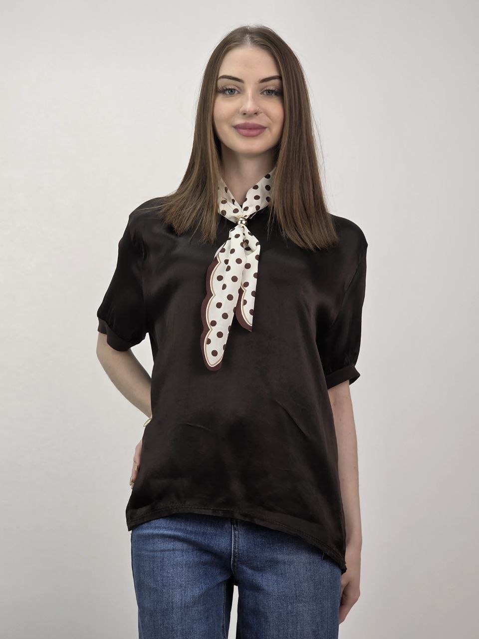 Bluzka satynowa czekoladowa apaszka Dolce Chic