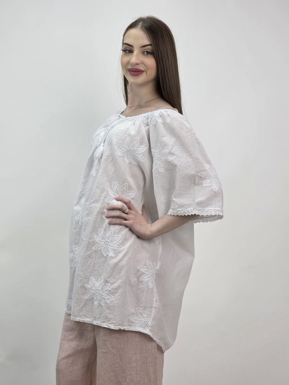 Włoska Bluzka Oversize Fiore Bianco – Biała