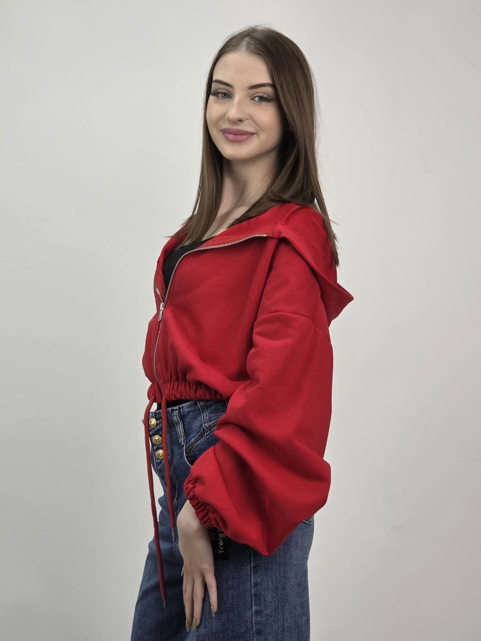 Czerwona bluza z kapturem na zamek – bawełna - obrazek 2