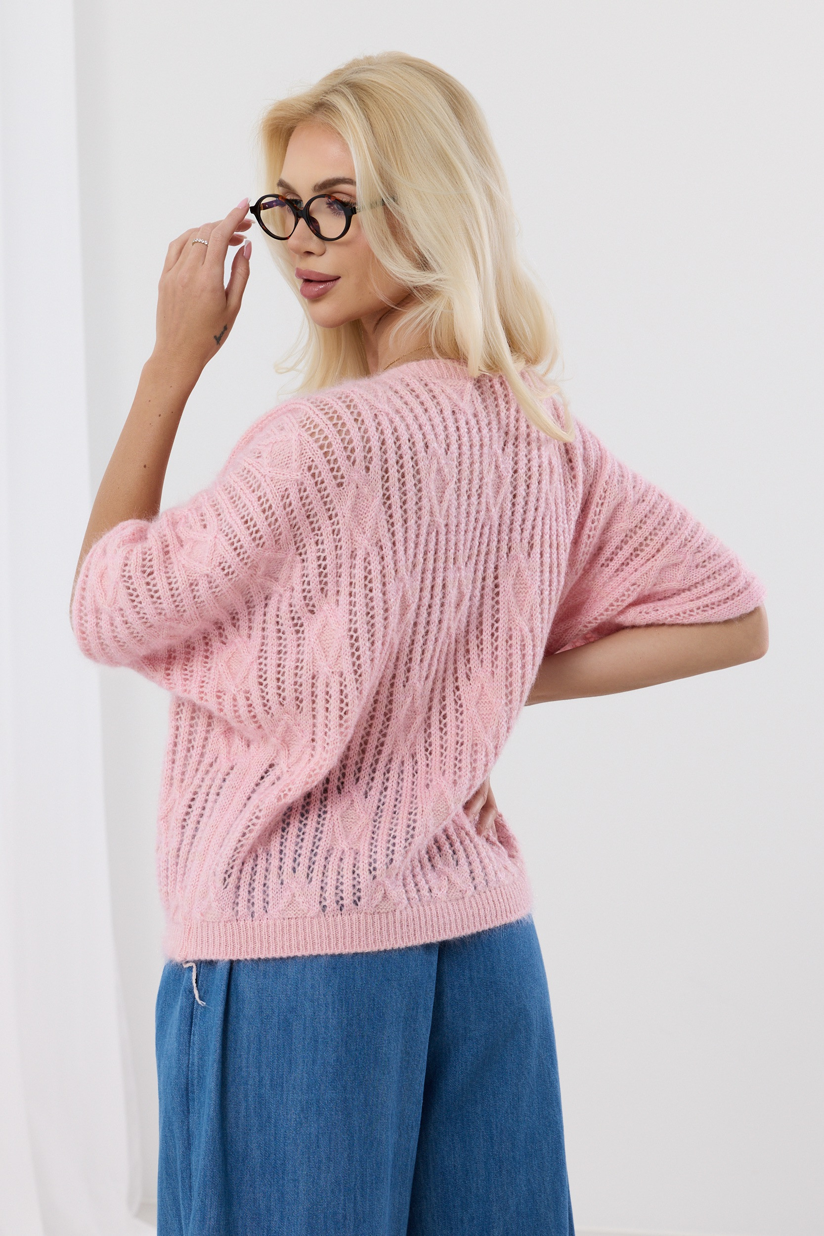 Sweter Ażurowy Diamond – Pudrowy Róż - obrazek 2