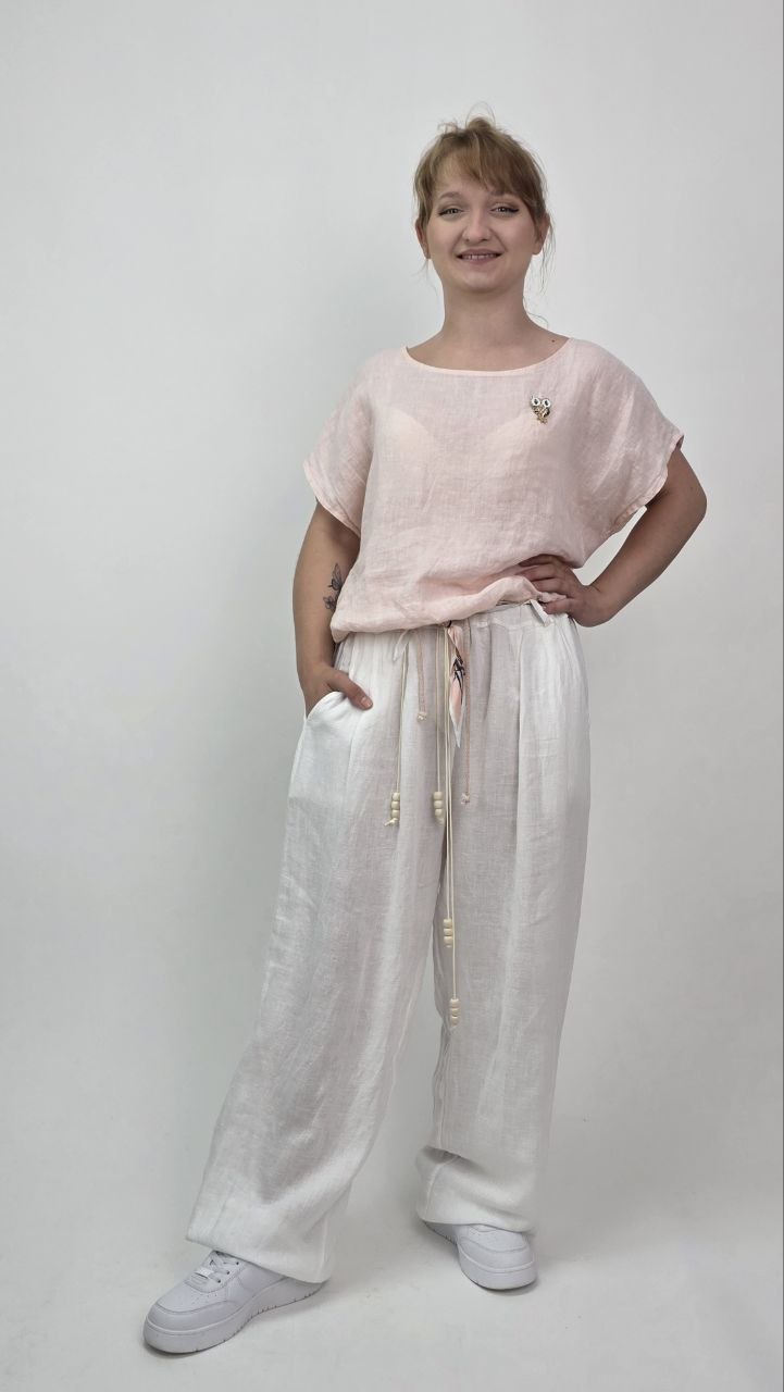 Włoski komplet lniany Pudrowy Blush 100% len