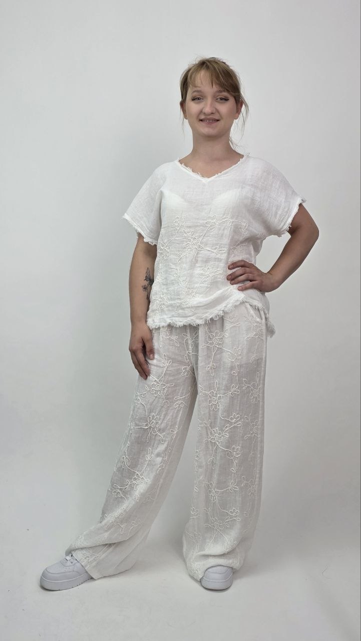 Lniany komplet Premium White Flowers 100% Len