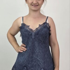 Lniany Top Premium z Koronką Granat Vintage