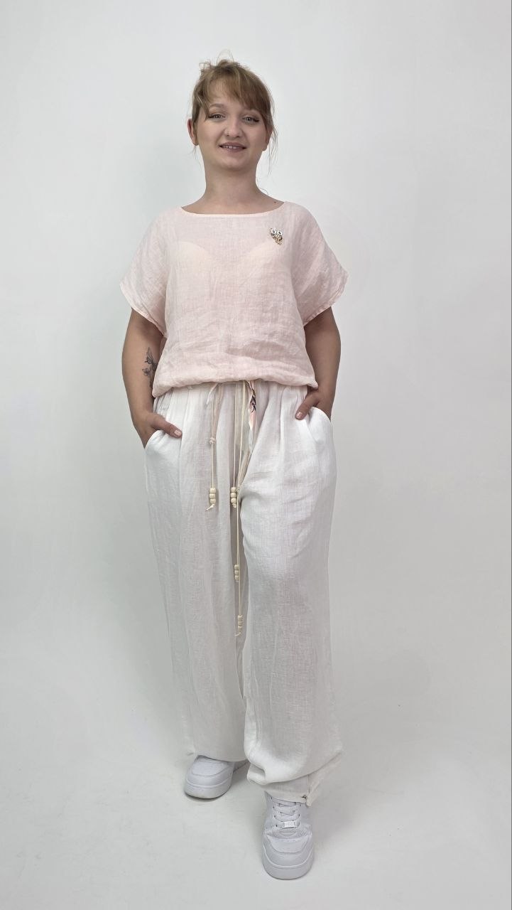 Włoski komplet lniany Pudrowy Blush 100% len - obrazek 5
