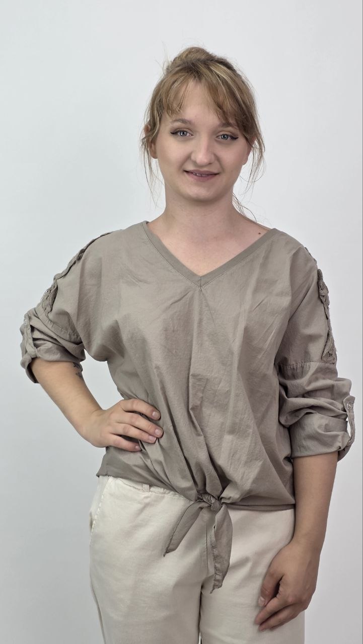 Taupe bluzka damska 100% bawełna z wiązaniem - obrazek 3