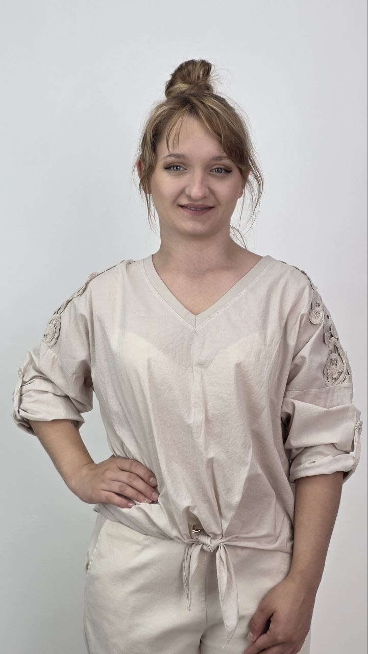 Kremowa bluzka damska 100% bawełna z wiązaniem