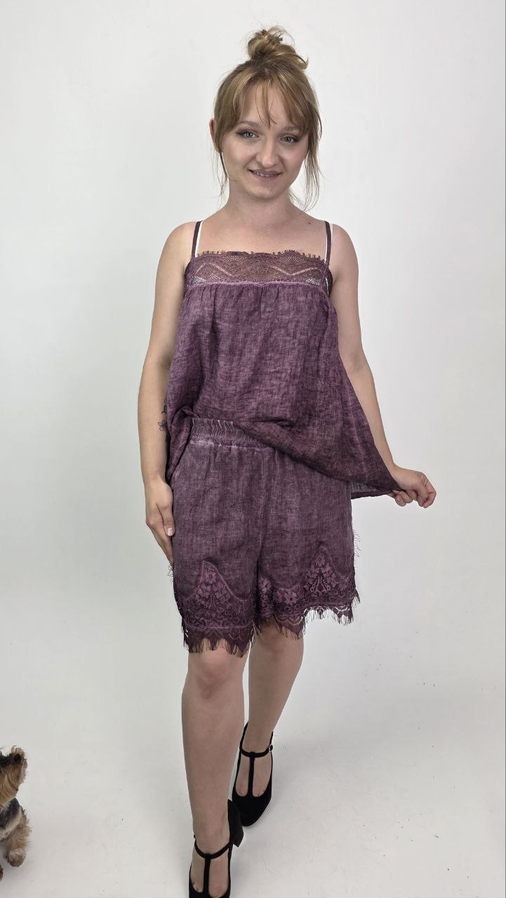 Komplet lniany Lavanda – top i szorty 100% len