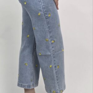 Jeansy Wide Leg Crop Lemon– haftowane cytrynki