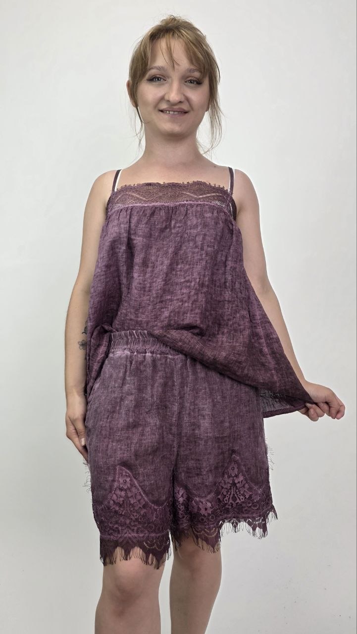 Komplet lniany Lavanda – top i szorty 100% len - obrazek 6