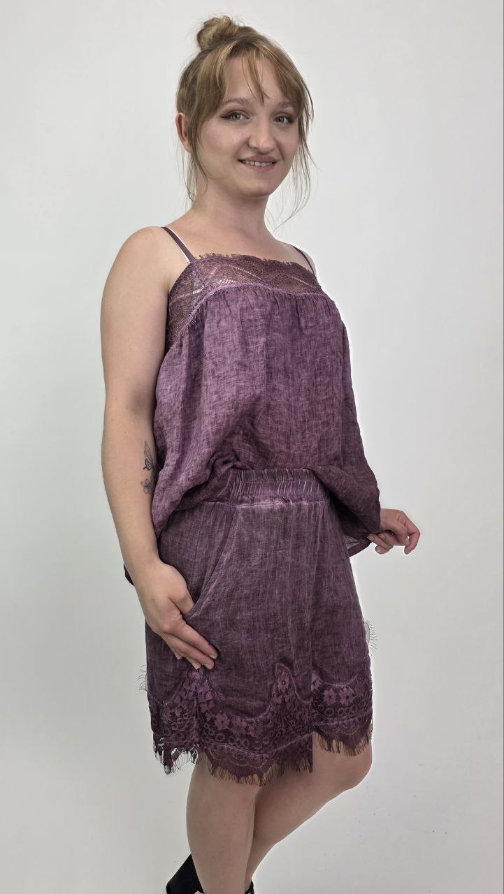 Komplet lniany Lavanda – top i szorty 100% len - obrazek 5