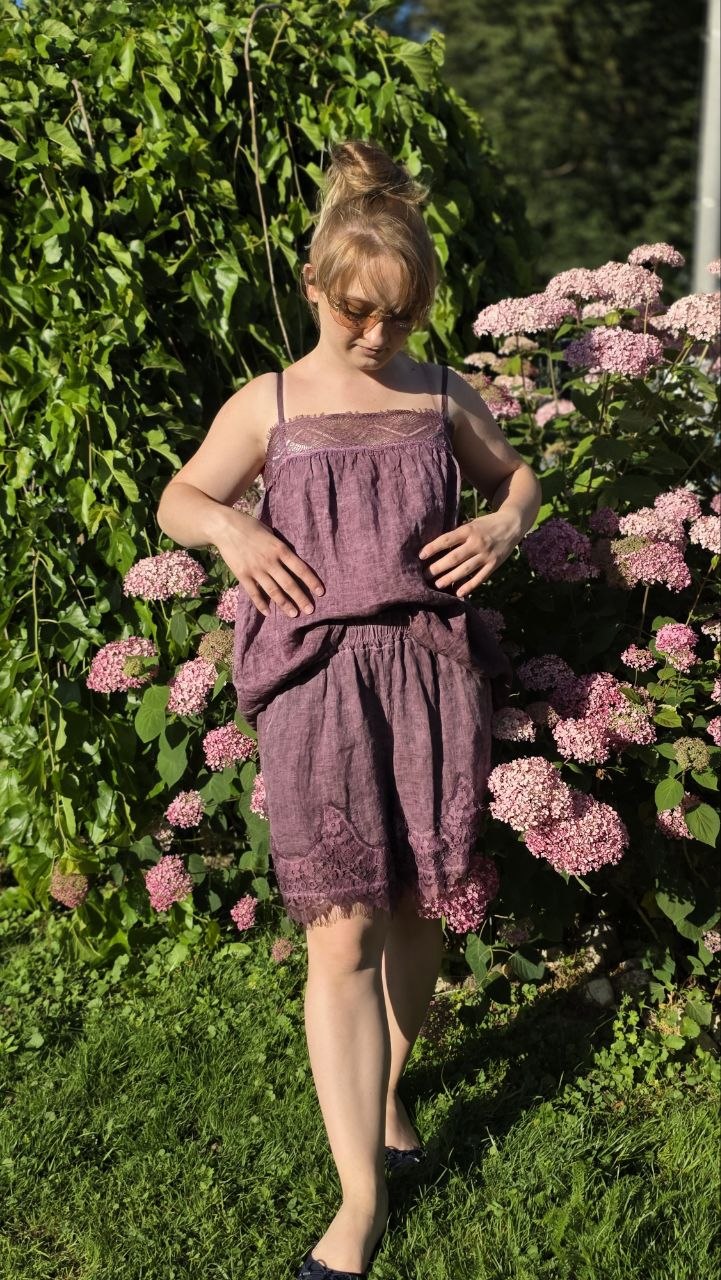 Komplet lniany Lavanda – top i szorty 100% len - obrazek 2