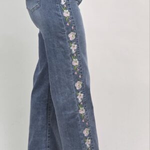 Jeansy Wide Leg Floral – haftowane kwiaty