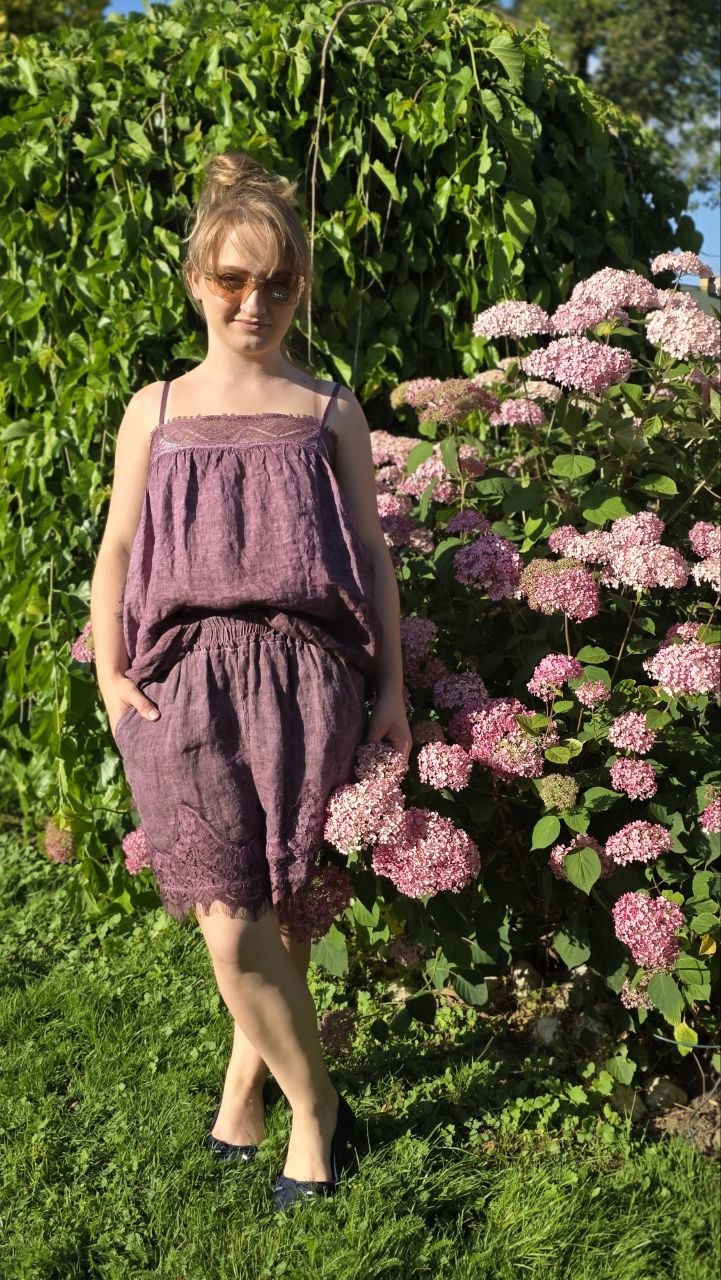 Komplet lniany Lavanda – top i szorty 100% len - obrazek 3