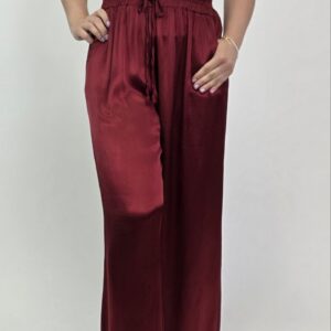 Bordowe spodnie satynowe wide leg 100% wiskoza
