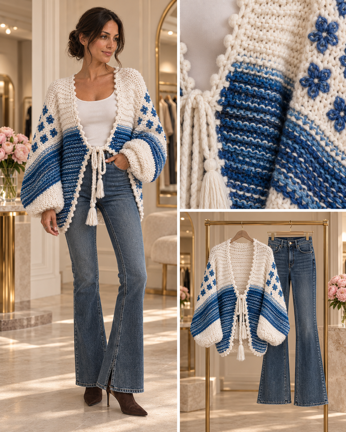 Kardigan Boho Blue Extra – niebiesko-ecru - obrazek 2
